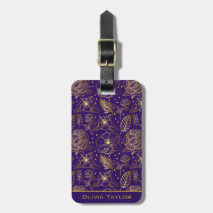 Golden floral seamless pattern personalised name  luggage tag