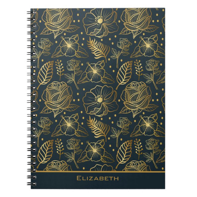 Golden floral seamless pattern personalised name notebook (Front)