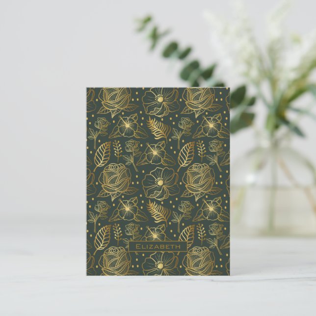 Golden floral seamless pattern personalised name  postcard (Standing Front)