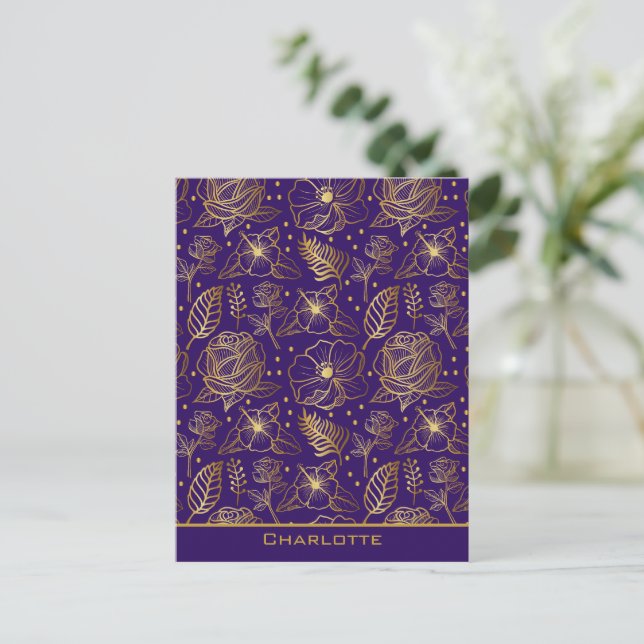 Golden floral seamless pattern personalised name postcard (Standing Front)