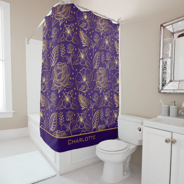 Golden floral seamless pattern personalised name  shower curtain (In Situ)