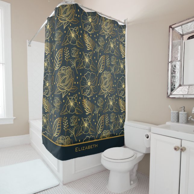 Golden floral seamless pattern personalised name  shower curtain (In Situ)