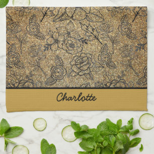 Golden floral seamless pattern personalised name  tea towel
