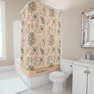 Golden floral seamless pattern personalized name shower curtain