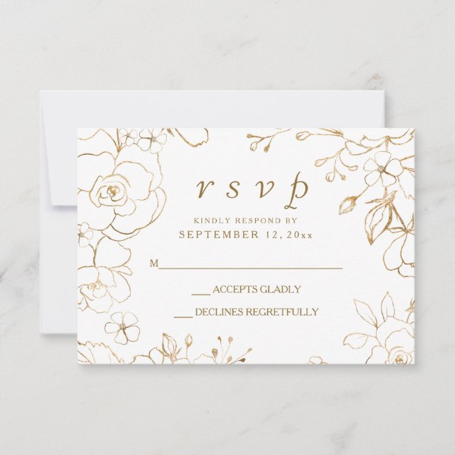 Golden Floral Simple Elegant Wedding RSVP Card (Front)
