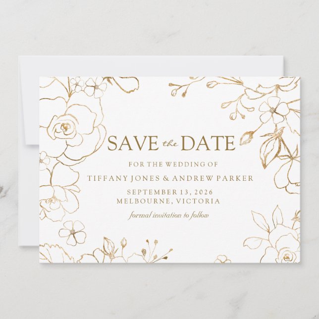 Golden Floral Simple Elegant Wedding Save The Date (Front)