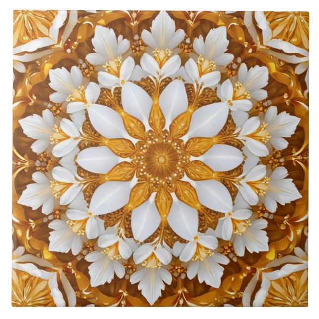 Golden Floral Snowflake Kaleidoscope Ceramic Tile (Front)