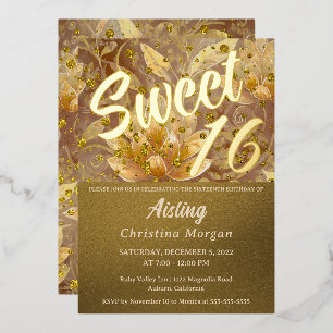 Golden Floral Sweet 16 Invitation Foil Invitation