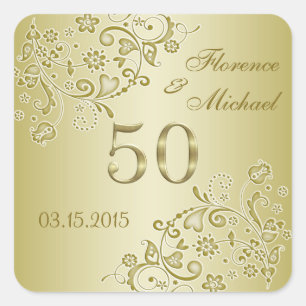 Golden floral swirls 50th Wedding Anniversary Square Sticker