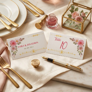 Golden Floral Watercolor Wedding  Place Card