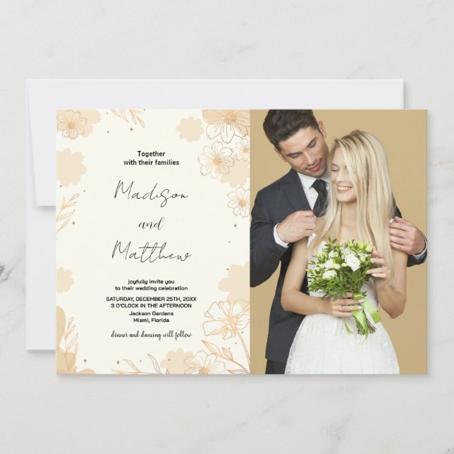 Golden Floral Wedding Invitations with photo (Front)