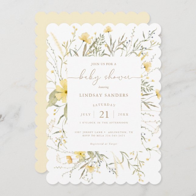Golden Floral | Wildflower Scalloped Baby Shower Invitation (Front/Back)