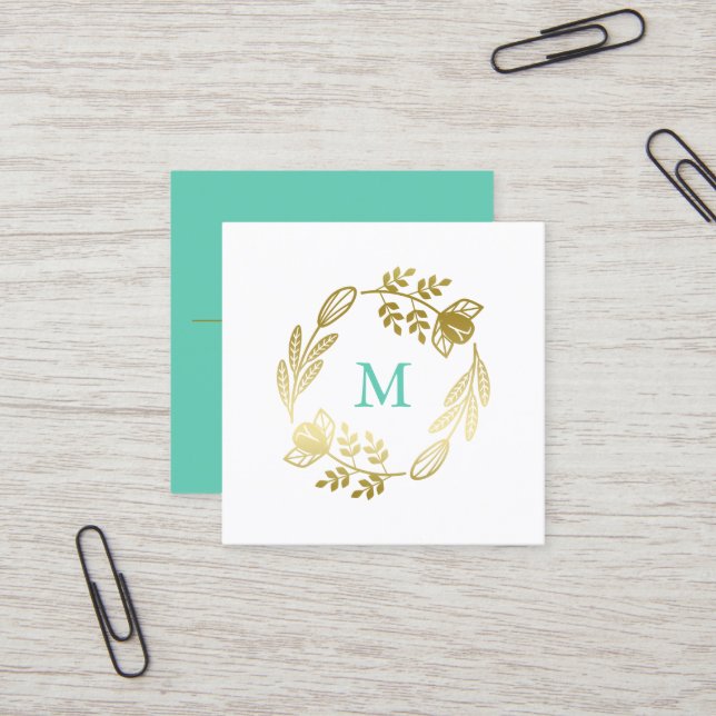 Golden Floral Wreath & Mint Green Monogram Square Business Card (Front/Back In Situ)