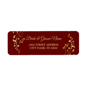 Golden Floral Wreath Red Wedding Return Address Label