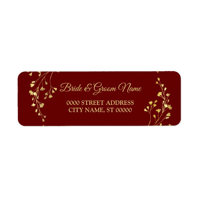 Golden Floral Wreath Red Wedding Return Address Label (Front)