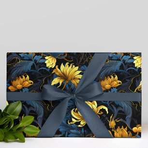 Golden Florals Dark Blue Leaves Black Background Wrapping Paper