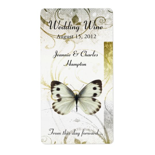 Golden Flourish & Butterfly Wedding Mini Wine Shipping Label