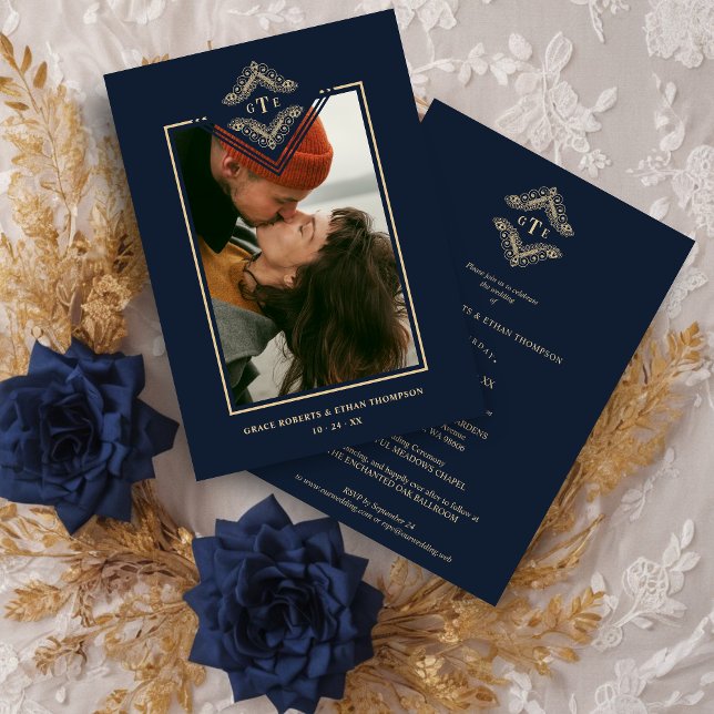 Golden Flourish Classic Ornament Photo Navy Blue Invitation (Golden Flourish Classic Ornament Photo Navy Blue Wedding Invitation Card.)