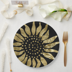 Golden Flourish Elegant Gold Sunflower on Black Paper Plate