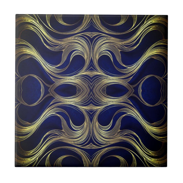 Golden Flow on Deep Blue  Ceramic Tile (Front)