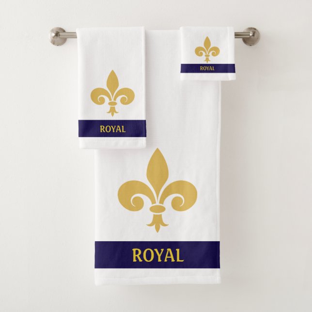 Golden flower & calligraphy on white & navy blue bath towel set (Insitu)