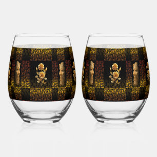 Golden Flower Drinkware Set Stemless Wine Glass