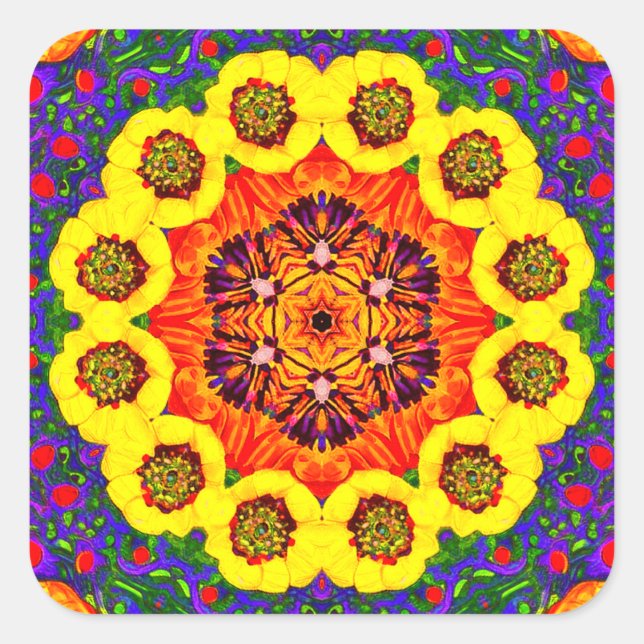 Golden flower kaleidoscope square sticker (Front)