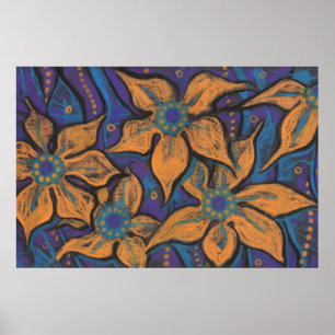 Golden Flowers, abstract floral art, purple orange Poster