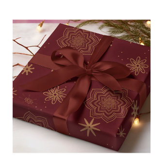 Golden flowers and stars on Burgundy Wrapping Paper Sheet