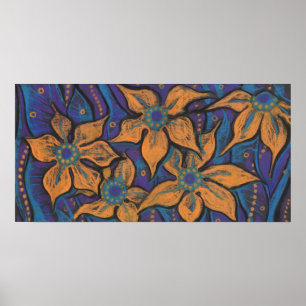 Golden flowers, decorative pastel painting, floral poster