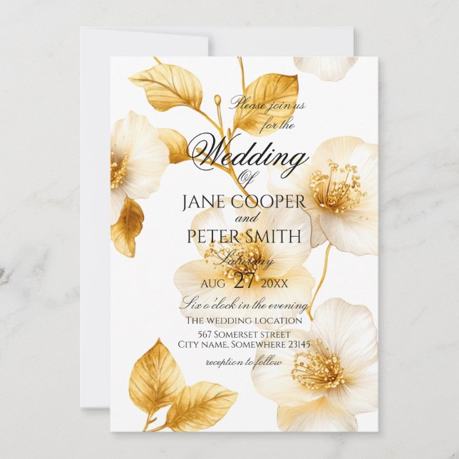 Golden flowers floral Wedding Invitation (Front)