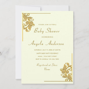 Golden Flowers Frame - Baby Boy Shower Invitation