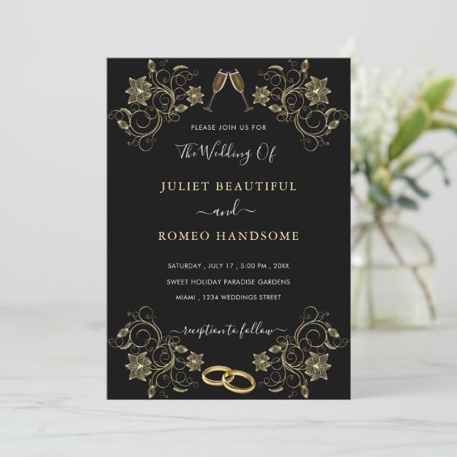 Golden Flowers Love Gold Black Wedding Invitation (Standing Front)
