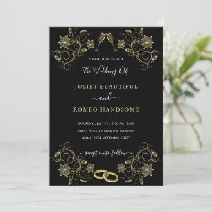 Golden Flowers Love Gold Black Wedding Invitation