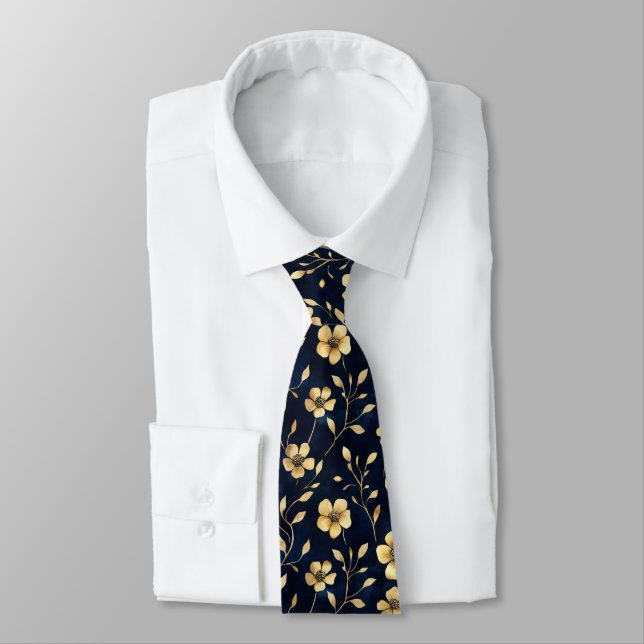 Golden Flowers Navy Pattern Tie (Tied)
