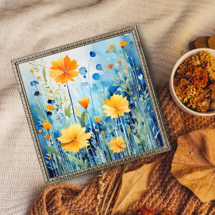 Golden Flowers on a Bright Blue Background Photo Print