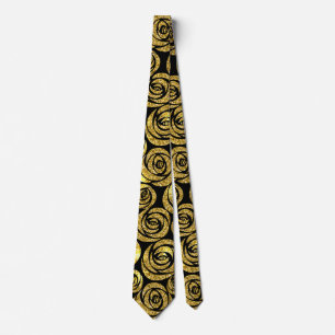 Golden Flowers on Black Background Tie