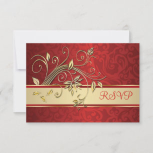 Golden flowers on red damask Wedding RSVP Card