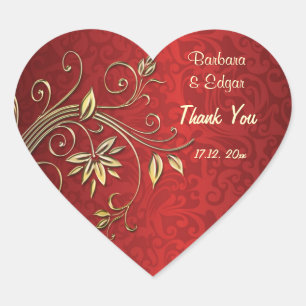Golden flowers on red damask Wedding Thank You Heart Sticker