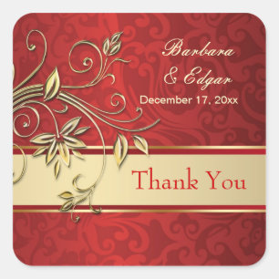 Golden flowers on red damask Wedding Thank You Square Sticker