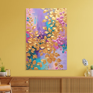 Golden Flowers Painted On Pink Lilac Turquoise Canvas Print