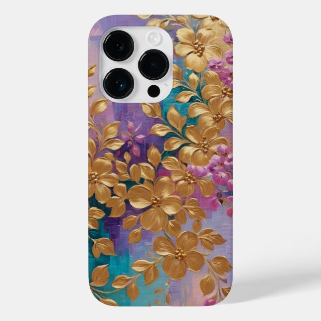 Golden Flowers Painted On Pink Lilac Turquoise Case-Mate iPhone Case (Back)