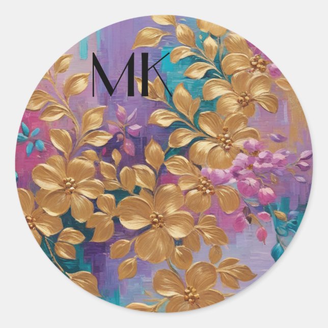 Golden Flowers Painted On Pink Lilac Turquoise Classic Round Sticker (Front)