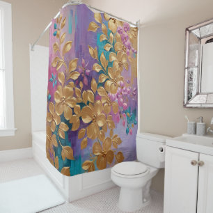 Golden Flowers Painted On Pink Lilac Turquoise Shower Curtain