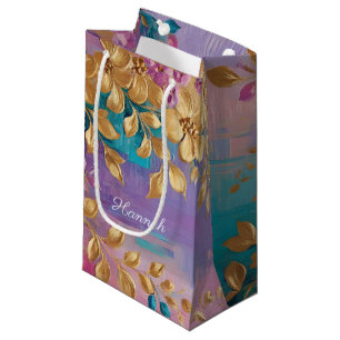 Golden Flowers Painted On Pink Lilac Turquoise Small Gift Bag