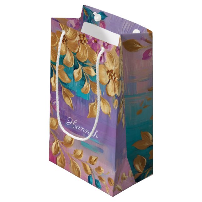 Golden Flowers Painted On Pink Lilac Turquoise Small Gift Bag (Front Angled)