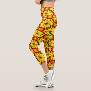 Golden Flowers Pattern Capri Leggings