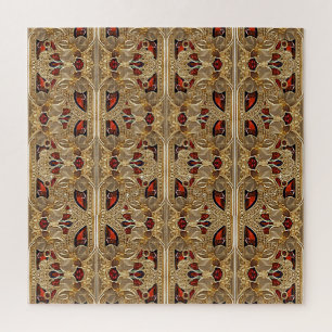 Golden Flowers Red Decorative Jigsaw Puzzle