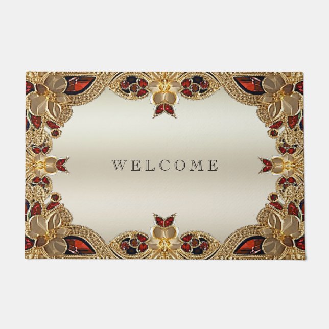 Golden Flowers Red Gemstone Doormat (Front)