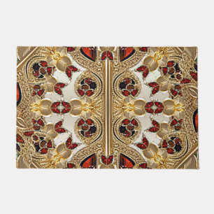 Golden Flowers Red Gemstone Doormat